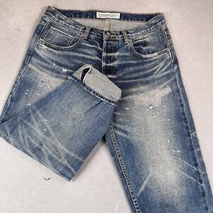 Navy Jeans Men 32x25 Distressed Straight Selvedge Patchwork Paint Splatter Denim